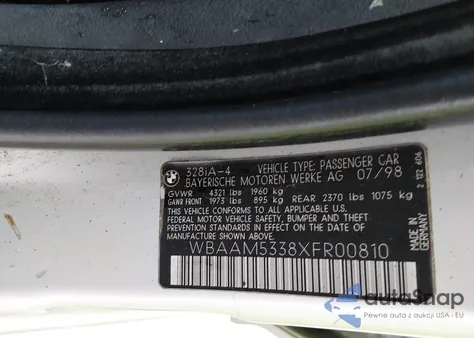 1999 BMW 328I z USA, uszkodzony, nr VIN WBAAM5338XFR00810